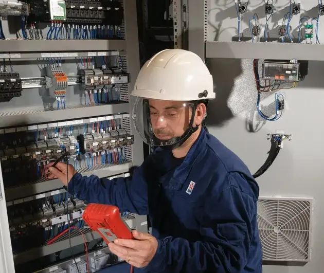 employé en train de faire des test sur un compteur électrique