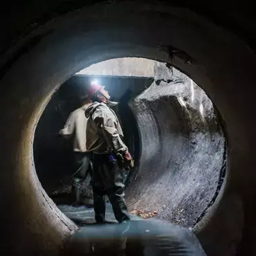 travailleur dans un espace confiné en milieu souterrain muni d'équipement de protection