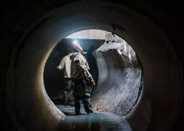travailleur dans un espace confiné en milieu souterrain muni d'équipement de protection