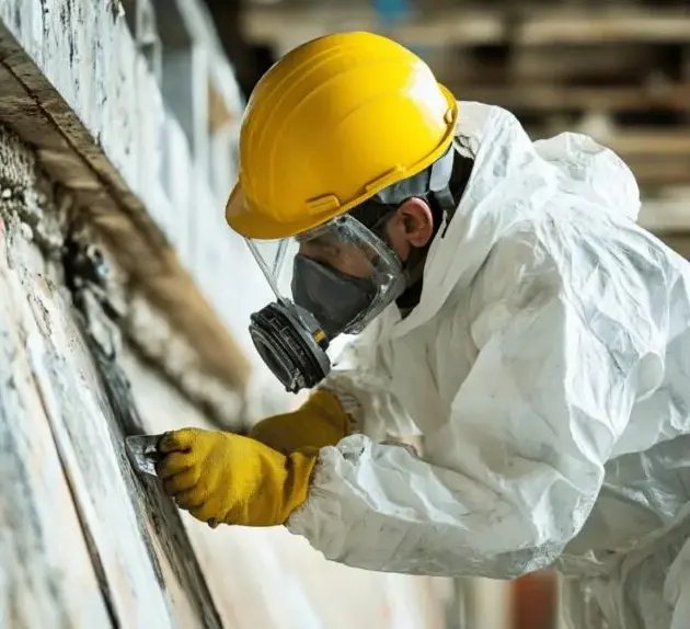 personne portant des équipement de protection contre l'amiante en train de traiter de l'amiante sur un chantier