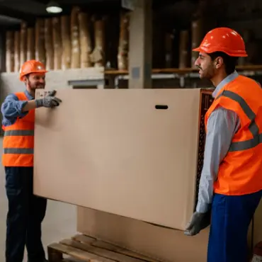 deux personnes entrain de porter un carton muni d'équipement de protection