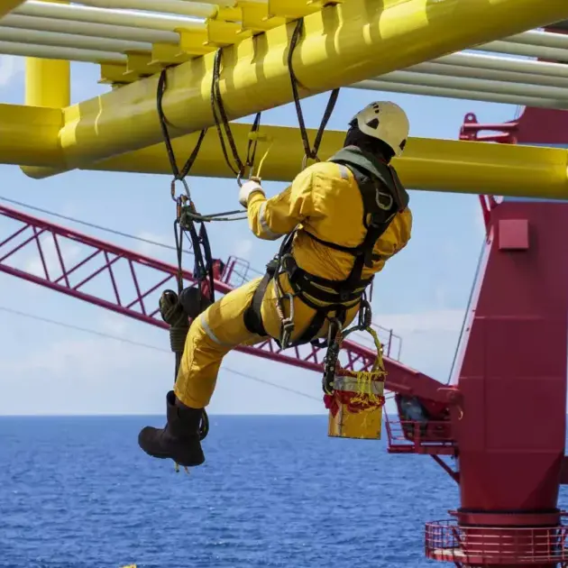 employé suspendu travaillant en hauteur muni d'un harnais de sécurité et de longes